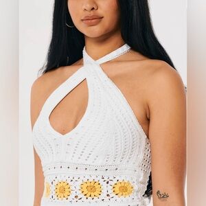 Hollister Women's S White and Yellow Sun Flower Crochet Halter Top